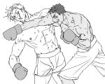  2boys abs ao_isami bara blank_eyes boxing_gloves bruise couple cowboy_shot duel facial_hair greyscale highres injury large_pectorals lewis_smith male_focus monochrome multiple_boys muscular muscular_male navel nipples pectorals poyosoftware punching sideburns_stubble stomach stubble thick_eyebrows topless_male wrestling_outfit yaoi yuuki_bakuhatsu_bang_bravern 