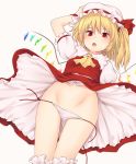  :o arm_up ascot bangs blonde_hair bloomers bloomers_pull blush bow breasts commentary_request cowboy_shot crystal dutch_angle eyebrows_visible_through_hair fangs flandre_scarlet frilled_shirt_collar frills from_below gluteal_fold grey_background groin hair_between_eyes hair_tie hand_on_headwear hat hat_ribbon highres long_hair looking_at_viewer miyo_(ranthath) mob_cap navel one_side_up panties petticoat puffy_short_sleeves puffy_sleeves red_eyes red_ribbon red_skirt red_vest ribbon shirt short_sleeves side-tie_panties simple_background skirt skirt_set small_breasts solo standing stomach thighs touhou underwear untied untied_panties vest white_bloomers white_hat white_panties white_shirt wings wristband yellow_neckwear 