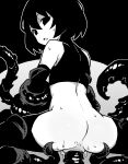  1girl akableak ass bare_back bare_shoulders black_background black_eyes black_gloves black_hair black_shirt black_thighhighs bob_cut bottomless bound bound_arms commentary elbow_gloves empty_eyes english_commentary from_behind gloves greyscale hair_between_eyes high_contrast highres leaning_forward looking_at_viewer looking_back monochrome monogatari_(series) open_mouth oshino_ougi out-of-frame_censoring outline pale_skin pussy shirt short_hair sleeveless sleeveless_turtleneck solo spread_legs sweat tentacle_sex tentacles thighhighs turtleneck two-tone_background uncensored vaginal white_outline wide_spread_legs worried 