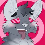 1:1 animated anthro blush bow_(bowhuskers) canid canine canis eyebrows fur grey_body grey_fur headshot_portrait heart_eyes heart_symbol hi_res hypnosis izzyhime male mammal mind_control portrait short_playtime solo tongue tongue_out wolf