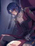  1boy athrun_zala bai_rui bandaged_head bandages bleeding blood blood_on_clothes blood_on_face blue_hair bodysuit cockpit green_eyes gundam gundam_seed gundam_seed_destiny gundam_seed_freedom highres male_focus pilot pilot_suit red_bodysuit red_uniform short_hair solo uniform 