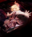  ascot blonde_hair darkness dearmybrothers fang hair_ribbon highres looking_at_viewer open_mouth outstretched_arms red_eyes ribbon rumia shirt short_hair skirt skirt_set smile solo touhou vest 