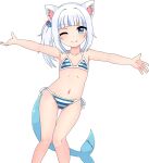  1girl animal_ears ass_visible_through_thighs bikini blue_hair cat_ears commentary contrapposto cube_hair_ornament english_commentary fang fins fish_tail flat_chest gawr_gura hair_ornament highres hololive hololive_english kaze_(2kaze5) knees_together_feet_apart multicolored_hair navel one_eye_closed outstretched_arms shark_tail side-tie_bikini_bottom side_ponytail sidelocks solo streaked_hair striped_bikini striped_clothes swimsuit tail transparent_background two-tone_hair virtual_youtuber white_hair 