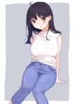  1girl ahoge alternate_costume black_hair blue_pants blush breasts brown_eyes feet_out_of_frame kantai_collection large_breasts long_hair looking_at_viewer mitsuyo_(mituyo324) pants parted_lips sleeveless sleeveless_sweater solo sweater ushio_(kancolle) white_sweater 