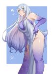  1girl absurdres breasts colored_inner_hair commentary cosmic_skin deliciousbrain dress feet_out_of_frame grey_dress grey_eyes grey_hair highres large_breasts long_hair looking_at_viewer multicolored_hair original purple_hair sleeveless sleeveless_dress solo standing very_long_hair 