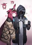  !? 1girl 1other absurdres animal_ears arknights black_gloves black_jacket black_shirt blush bubble_background coat cup doctor_(arknights) gloves gradient_background hand_on_another&#039;s_shoulder head_on_another&#039;s_shoulder headlamp heart highres holding holding_cup holding_hands hood hood_up hooded_jacket jacket kimsuwan2013 long_hair multicolored_hair purple_eyes purple_hair rabbit_ears ray_(arknights) shirt standing streaked_hair visor_cap yellow_gloves 