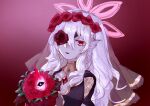  1girl animal_ears bat_ears bat_girl bouquet bride dress embla_(closed-off_bride)_(fire_emblem) embla_(fire_emblem) fire_emblem fire_emblem_heroes flower flower_eyepatch gem gold_trim halo holding holding_bouquet mayo_chocomint official_alternate_costume pale_skin red_brooch red_eyes red_flower red_gemstone red_halo red_rose rose solo wedding_dress white_hair 