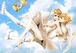 1girl absurdres ballet blonde_hair blue_eyes brother_and_sister cage cloud dancing day feathers hair_ornament hairclip headdress highres jewelry kagamine_len kagamine_rin necklace official_art short_hair siblings sky suzunosuke_(sagula) tutu twins vocaloid wings 