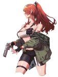  1girl absurdres bandeau bare_shoulders bike_shorts black_gloves black_shorts breasts cleavage collarbone fingerless_gloves gloves green_jacket gun handgun high_ponytail highres holding holding_gun holding_weapon jacket lain_paterson lain_paterson_(1st_costume) long_hair midriff nijisanji off_shoulder open_clothes open_jacket red_hair shorts sidelocks simple_background solo strapless suspender_shorts suspenders ta0oxo0ma thigh_strap tube_top virtual_youtuber weapon white_background 