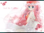  1girl bad_id bad_pixiv_id blue_eyes dress flower head_wreath holding holding_flower just_be_friends_(vocaloid) long_hair megurine_luka pink_hair rinndouk song_name vocaloid wavy_hair white_background white_dress 
