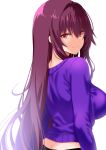  1girl ass_peek breasts contemporary engo_(aquawatery) fate/grand_order fate_(series) from_behind highres large_breasts long_hair looking_back purple_hair purple_shirt red_eyes scathach_(fate) shirt smile white_background 