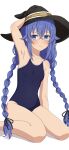  1girl absurdres arm_behind_head arm_up armpits bare_legs black_hat black_ribbon blue_eyes blue_hair blush braid breasts camui1104 closed_mouth collarbone commentary_request competition_school_swimsuit crossed_bangs embarrassed hair_flaps hair_ribbon hand_on_ground hat highres light_frown long_hair looking_to_the_side mushoku_tensei navel on_ground partial_commentary ribbon roxy_migurdia school_swimsuit shoulder_blush sitting small_breasts solo swimsuit thighs twin_braids very_long_hair wariza white_background witch_hat 