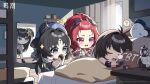  4girls baizhi_(wuthering_waves) bare_shoulders black_gloves black_hair chibi chibi_only chixia_(wuthering_waves) closed_eyes commentary female_rover_(wuthering_waves) gloves hair_ornament hairclip highres long_hair multicolored_hair multiple_girls nose_bubble official_art red_eyes red_hair rover_(wuthering_waves) sleeping tacet_mark_(wuthering_waves) wuthering_waves yangyang_(wuthering_waves) 