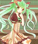  bad_id bad_pixiv_id bow dress finger_to_mouth green_eyes green_hair hair_bow hatsune_miku long_hair mogu_(lollysweet) sitting solo twintails vocaloid 