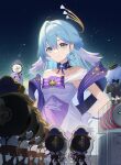  1girl absurdres aqua_eyes bare_shoulders blue_hair bow character_doll choker clockie_(honkai:_star_rail) commentary_request dress earrings hair_intakes hand_on_own_hip head_wings highres holding honkai:_star_rail honkai_(series) huang_tie_lin jewelry long_hair misha_(honkai:_star_rail) off-shoulder_dress off_shoulder official_alternate_costume purple_bow purple_choker robin_(honkai:_star_rail) short_sleeves upper_body very_long_hair white_dress wings 