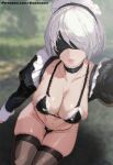  1girl 2b_(nier:automata) absurdres ai-assisted alternate_costume arm_up artist_name aurakera bikini black_bikini black_blindfold black_choker black_hairband black_thighhighs blindfold blurry blurry_background bob_cut breasts choker cleavage closed_mouth collarbone enmaided frills from_above hair_over_one_eye hairband highres large_breasts lips looking_at_viewer maid maid_bikini maid_headdress mole mole_under_mouth navel nier:automata nier_(series) outstretched_arm patreon_username pixel_art puffy_sleeves selfie short_hair skindentation solo stomach swimsuit thighhighs thighs unconventional_maid web_address white_hair 