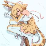  1girl :3 animal_ears bare_shoulders blonde_hair blush boots cat_ears cat_girl cat_tail curled_up elbow_gloves from_above gloves hair_between_eyes high-waist_skirt highres kemono_friends looking_at_viewer lying on_side print_gloves print_skirt print_thighhighs serval_(kemono_friends) serval_print shirt short_hair sidelocks skirt smile solo squinting tail thighhighs wamawmwm white_footwear white_gloves white_shirt white_thighhighs zettai_ryouiki 