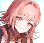  1girl backpack bag brown_hair collared_shirt danganronpa_(series) danganronpa_2:_goodbye_despair flipped_hair galaga hair_ornament jacket long_sleeves looking_at_viewer medium_hair nanami_chiaki neck_ribbon open_clothes open_jacket pink_eyes pink_ribbon portrait ribbon shirt smile solo white_shirt yeonju 