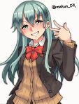  1girl aqua_hair blazer bow bowtie brown_cardigan brown_jacket cardigan collared_shirt green_eyes grin highres jacket kantai_collection maakun_(makun_dx) one-hour_drawing_challenge red_bow red_bowtie school_uniform shirt simple_background smile solo suzuya_(kancolle) suzuya_kai_ni_(kancolle) twitter_username upper_body v white_background 