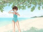  1girl aihara_kaichi aqua_one-piece_swimsuit armpits artist_name bad_id bad_pixiv_id bare_shoulders beach blue_sky blush branch breasts brown_eyes brown_hair cloud collarbone commentary cup dated day drink drinking_straw drinking_straw_in_mouth feet_out_of_frame finger_to_head grin holding holding_cup holding_drink horizon index_finger_raised kimi_kiss looking_at_viewer ocean one-piece_swimsuit one_eye_closed outdoors pointing pointing_at_self sand satonaka_narumi short_hair signature sky small_breasts smile solo standing swimsuit thigh_gap tree very_short_hair water 