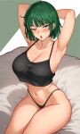  1girl ;o absurdres armpits arms_behind_head arms_up black_camisole black_panties blush bob_cut breasts camisole cetta_(cettadvd) cleavage curvy fubuki_(one-punch_man) green_eyes green_hair highres large_breasts looking_at_viewer navel one-punch_man one_eye_closed open_mouth panties short_hair sitting stomach thighs underwear 