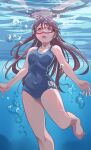  air_bubble bare_shoulders barefoot breasts brown_hair bubble collarbone commission covered_navel highres long_hair medium_breasts nikulas_cage one-piece_swimsuit open_mouth original pink_eyes pixiv_commission reflection school_swimsuit swim_goggles swimsuit underwater 
