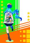  aqua_eyes aqua_hair drink drinking_straw food hamburger hat hatsune_miku loafers long_hair open_mouth ponytail shoes skirt socks solo tomabo tray very_long_hair vocaloid 