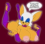  big_breasts breasts butt claws female gloves green_eyes high_heels huge_breasts legwear lying mammal nipples on_front plain_background red_background rouge_the_bat sega solo sonic_(series) stockings thecon 