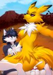 anthro areola bandai_namco blue_body blue_fur bodily_fluids breasts canid canid_demon canine cum cum_in_ass cum_in_pussy cum_inside demon digimon digimon_(species) duo eeveelution ejaculation female female_on_top fur generation_1_pokemon genital_fluids hellhound hi_res jolteon looking_at_viewer looking_pleasured male male/female mammal medium_breasts moonfluffmf mythological_canine mythological_creature mythology nintendo nipples on_top orange_areola orange_nipples pokemon pokemon_(species) purple_eyes red_eyes renamon selfie smile white_body white_fur yellow_body yellow_fur