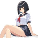  1girl ai-generated arm_support black_hair black_skirt blunt_bangs blunt_ends blush bob_cut breasts brown_hair closed_mouth collarbone commentary_request crossed_legs highres looking_at_viewer medium_breasts midriff_peek mole mole_under_eye navel original pleated_skirt poteto0987 sailor_collar shirt short_hair short_sleeves simple_background sitting skirt solo thighs uniform white_background white_shirt 