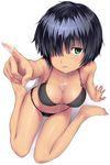  arm_support barefoot bikini black_hair breasts bust_cup cleavage drooling foreshortening from_above full_body green_eyes hair_over_one_eye highres large_breasts navel nazo_no_kanojo_x o-ring o-ring_top outstretched_hand pointing saliva shiny shiny_skin short_hair shouin simple_background sitting solo sun_tattoo swimsuit tan tanline urabe_mikoto wariza white_background 