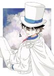  1boy blue_eyes blue_shirt border brown_hair cape cloud collared_shirt crossed_legs from_behind hands_in_pockets hat highres jacket kaitou_kid looking_at_viewer looking_back magic_kaito male_focus meitantei_conan monocle necktie pants red_necktie shirt short_hair solo suit suzuakks white_border white_cape white_hat white_jacket white_pants white_suit 