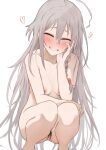  1girl ahoge blush braid breasts closed_eyes commentary_request completely_nude facing_viewer female_pubic_hair furrowed_brow gobi_(jtnyrwbkohiqsuldg) grey_hair grin hair_between_eyes hand_on_own_cheek hand_on_own_face heart highres hoshi_syoko idolmaster idolmaster_cinderella_girls long_hair mismatched_pubic_hair nipples nude paid_reward_available pubic_hair pussy_juice side_braid simple_background single_braid small_breasts smile solo squatting suggestive_fluid sweat variant_set very_long_hair white_background 