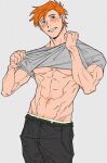  1boy abs black_eyes black_pants blush clothes_lift collarbone green_male_underwear grey_background grey_shirt highres humanization looking_at_viewer male_focus male_underwear male_underwear_peek orange_hair pants parted_lips robin_hood_(disney) robin_hood_(disney)_(character) shirt shirt_lift short_hair short_sleeves solo sweatdrop toned toned_male underpec underwear uochandayo 