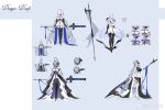  1girl absurdres alsace_(azur_lane) armored_boots azur_lane bad_id bad_twitter_id bare_shoulders black_footwear black_gauntlets black_tiara black_wings blue_eyes blue_hair boots breast_strap breasts concept_art cross dress embarrassed facing_viewer feifeifeihai full_body gauntlets head_wings highres large_breasts logo long_hair masked multiple_views parted_bangs rigging short_dress tiara turret very_long_hair white_dress wings 