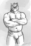 amarox amarox_(character) anthro bulge canid canine canis clothing digital_drawing_(artwork) digital_media_(artwork) hair hi_res looking_at_viewer male mammal monochrome musclegut muscular navel sketch smile smirk solo standing underwear wolf