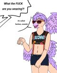 2024 5_fingers anthro bottomwear clothing crop_top cutoffs denim denim_bottomwear denim_clothing dialogue digital_drawing_(artwork) digital_media_(artwork) dinosaur dromaeosaurid elbow_feathers english_text eyewear feathered_dinosaur feathered_scalie feathered_tail feathers femboy fingers goodbye_volcano_high hair hi_res long_tail male microraptor midriff navel open_mouth open_smile profanity purple_body purple_feathers purple_hair reptile sage_(gvh) scales scalie shirt shorts simple_background smile solo stardust_strix sunglasses suspenders tail tail_tuft tan_body tan_scales text theropod topwear tuft white_background