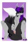 absurd_res andromorph anthro big_tail bodily_fluids canid canine canis devyshirehell dripping fur genital_fluids genitals grey_body grey_fur hair hi_res intersex jack_(neojack) jackal long_hair looking_at_viewer mammal purple_eyes purple_hair pussy smug solo spread_legs spread_pussy spreading tail vaginal_fluids
