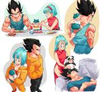  absurdres amachu_a animal_costume aqua_eyes aqua_hair aqua_tank_top baby black_hair breasts bulma carrying china_dress chinese_clothes cleavage clenched_teeth commentary couch covered_abs cross_scar crying dragon_ball dragon_ball_z dress eating english_commentary family father_and_son hairband hands_in_pockets highres hood hooded_sweater hoodie horned_hat husband_and_wife jacket lying medium_breasts mother_and_son on_back open_mouth orange_hoodie orange_jacket orange_sweater panda_costume red_dress red_hairband scar scar_on_arm short_hair side_slit sweater tank_top teeth trunks_(dragon_ball) vegeta 