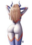  1girl arms_up artist_logo ass ass_focus automatic_giraffe back blonde_hair bodysuit boku_no_hero_academia dated english_commentary from_behind full_body hands_in_hair highres horns long_hair mount_lady multicolored_bodysuit multicolored_clothes simple_background skin_tight solo superhero_costume white_background 
