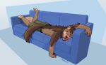 anthro canid canine canis clothed clothing coach croquiek domestic_dog eyes_closed fur hair hi_res male mammal muscular partially_clothed simple_background sleeping solo tail tongue tongue_out