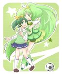  ball bike_shorts boots choker cure_march dual_persona green green_choker green_eyes green_hair green_shorts green_skirt hatuse long_hair magical_girl midorikawa_nao multiple_girls nanairogaoka_middle_school_uniform open_mouth ponytail precure school_uniform short_hair shorts shorts_under_skirt skirt sleeves_rolled_up smile smile_precure! soccer soccer_ball socks star sweater_vest telstar tiara tri_tails very_long_hair vest wrist_cuffs 