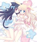  :d :o animal_ears bare_arms bare_legs bed_sheet black_hair blonde_hair blue_eyes blush bow bow_panties braid bunny_ears cat_ears cat_tail eyebrows_visible_through_hair girl_on_top hair_bow heart heart_pillow hoshimame_mana long_hair lying multiple_girls navel nightgown on_back on_side open_mouth original panties parted_lips pillow pink_eyes sleepwear smile star star_pillow striped striped_panties tail underwear wavy_hair 