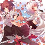  animal_ears black_legwear brown_hair detached_sleeves dress_shirt geta hat highres inubashiri_momiji karochii leaf multiple_girls navel pen pointy_ears red_eyes shameimaru_aya shirt short_hair skirt sleeves_past_wrists thighhighs tokin_hat touhou white_hair wolf_ears 