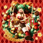  bare_shoulders bell boots braid checkered checkered_background christmas green_eyes green_hair hatsune_miku holly long_hair merry_christmas pig_7 red_nose reindeer reindeer_antlers riding santa_costume sparkle striped_background thighhighs twin_braids 
