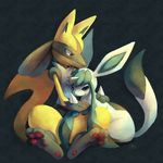  between_legs black_background couple eyelashes full_body gen_4_pokemon glaceon glitchedpuppet hetero highres hug interspecies lucario no_humans pokemon pokemon_(creature) red_eyes shiny_pokemon signature sitting smile 