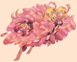  blonde_hair dragon duel_monster feathered_wings feathers hair_ornament harpie's_pet_baby_dragon harpie's_pet_dragon harpie_girl harpy heart heart_hair_ornament monster_girl multiple_girls pink_background shiku simple_background wings yuu-gi-ou yuu-gi-ou_duel_monsters 