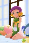  absurdres aquarion_(series) aquarion_evol blush chemise green_eyes highres kneeling legs multicolored_hair non-web_source nyantype official_art orange_hair purple_hair scan short_hair solo strap_slip stuffed_animal stuffed_toy yoshikawa_maho yunoha_thrul 