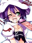  1girl blush bukkake censored cum cum_in_mouth cum_on_tongue facial facial_mark green_eyes hat hetero highres irodori_(irotoridori) merry_nightmare penis petite pointy_ears purple_hair solo_focus wince yumekui_merry 