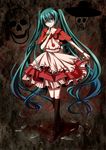  absurdres aqua_eyes aqua_hair bad_end_night_(vocaloid) dress finger_to_mouth hatsune_miku highres kneehighs knife loafers long_hair one_eye_closed shoes skull smile solo twintails very_long_hair vocaloid wing_yin_sin 